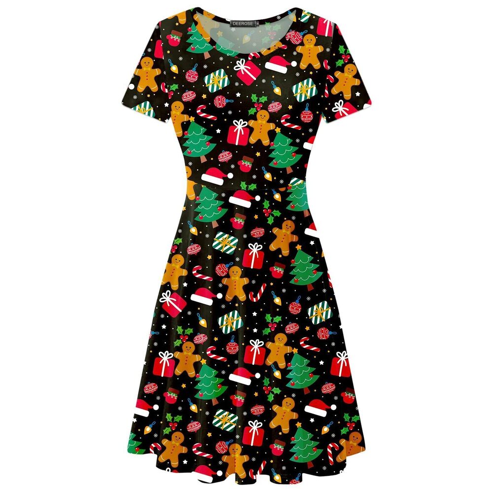 6547 Christmas Tree Dress Ugly Black Print Tunic Dress S